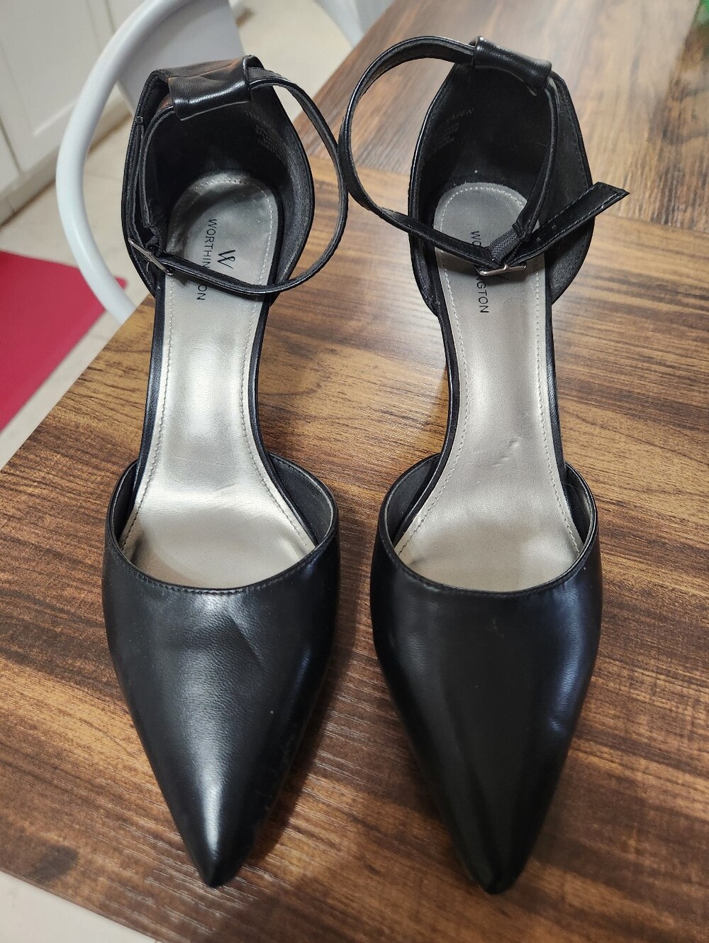 Worthington Black Pointed Ankle-Strap Pumps with Silver Insole